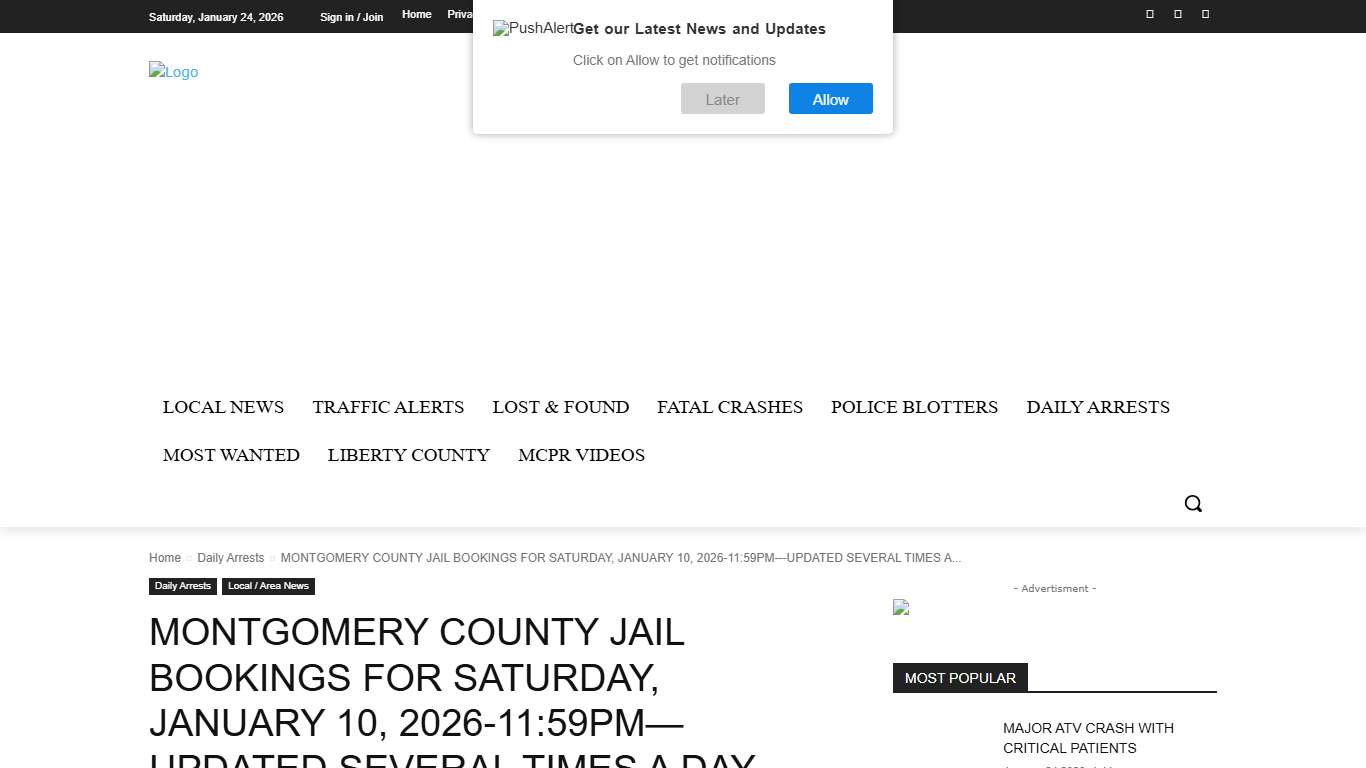 MONTGOMERY COUNTY JAIL BOOKINGS FOR SATURDAY, JANUARY 10, 2026-11:59PM—UPDATED SEVERAL TIMES A DAY montgomery county police reporter